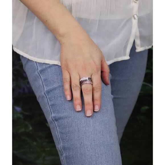 Sterling Silver White, Pink, Dark Pink Topaz Band Ring Size 8 Thick Band - Picture 2 of 7